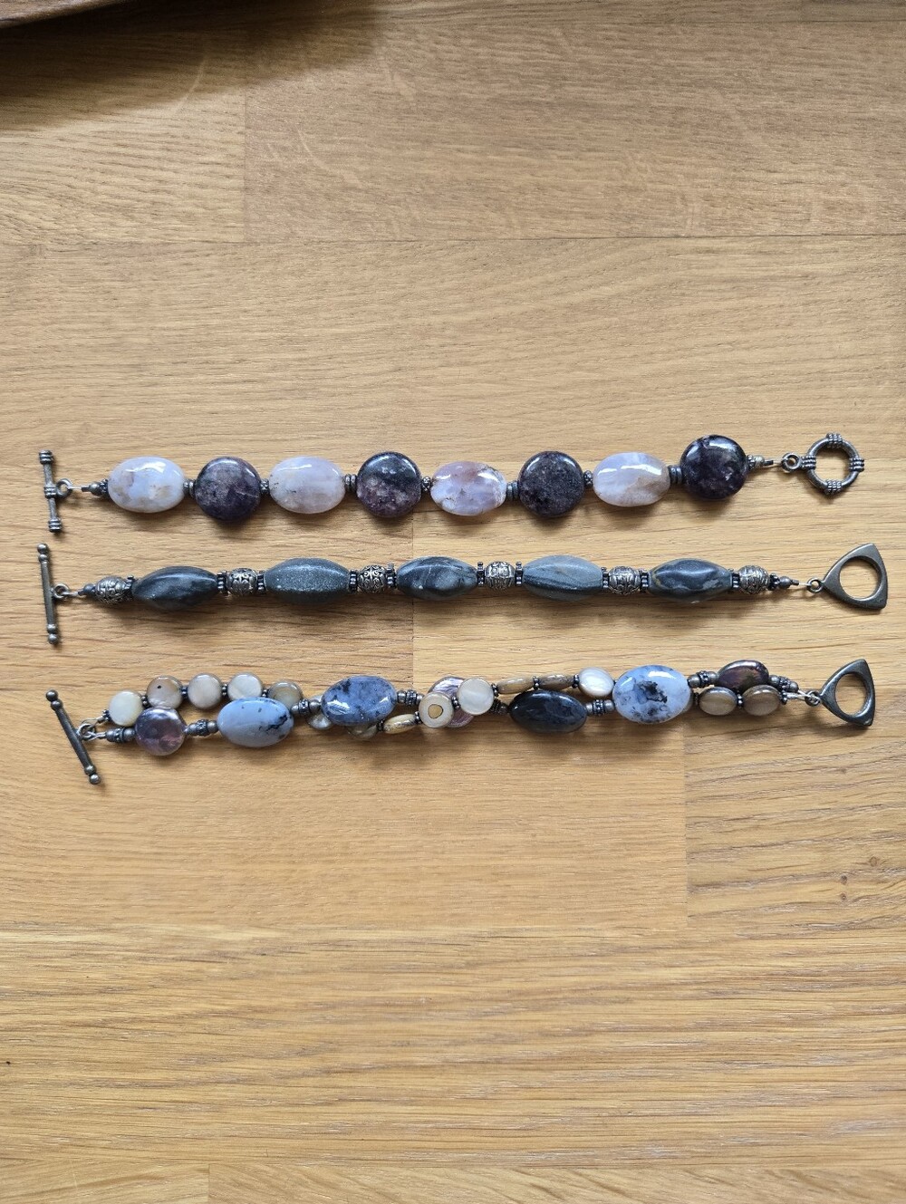 Vintage Artisan Heavy Beaded Earthy Stone Toggle Bracelet Stack Set Lot of 3